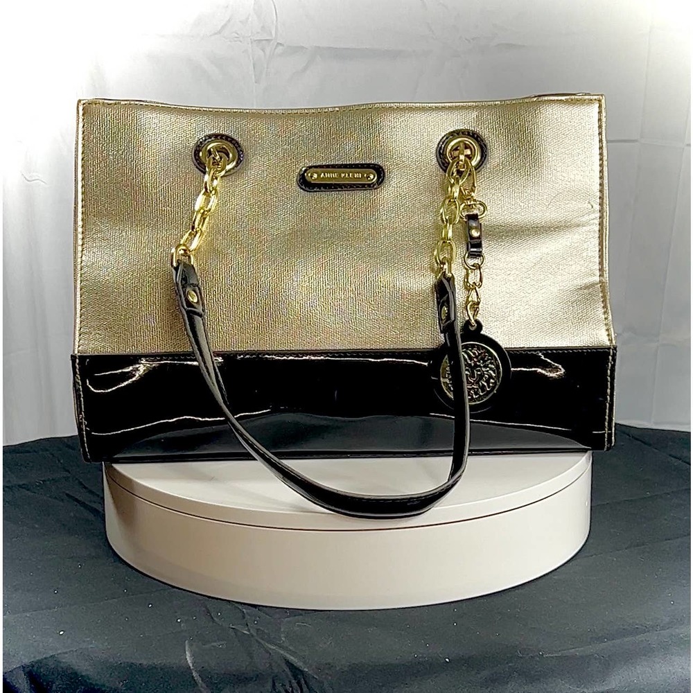 Anne Klien handbag gold and black w/chain accent handle large purse